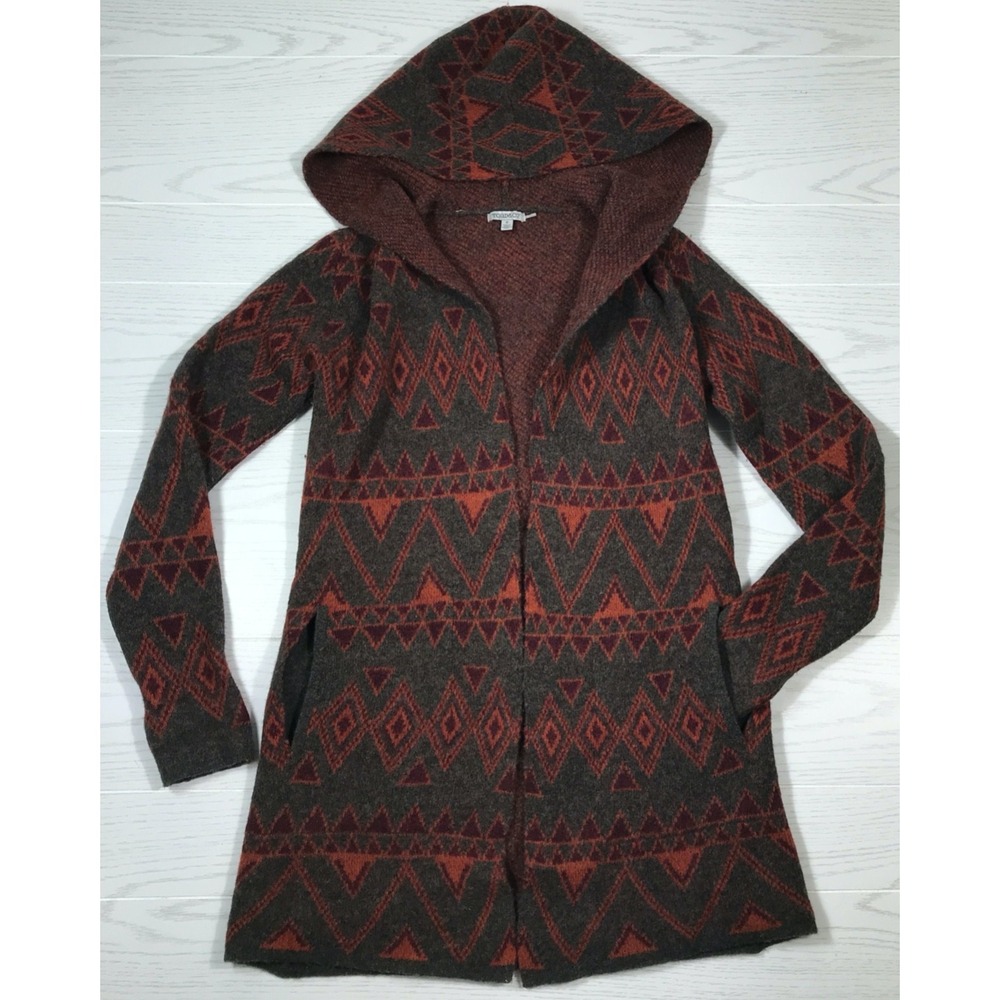 Toad & Co Merino Diamond Hoodie Cardigan Small Red Boiled Wool Open Front Aztec